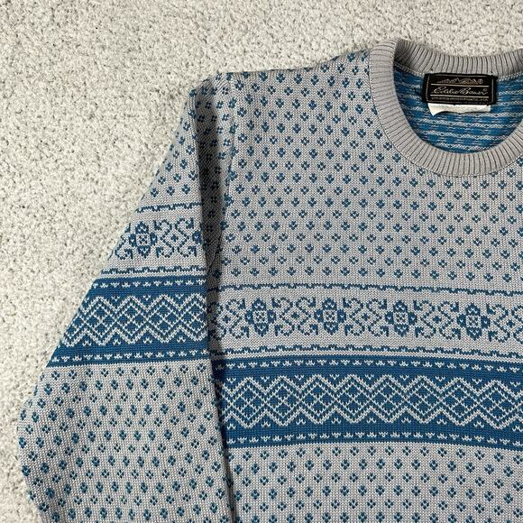 Eddie Bauer Sweater Mens M Gray Blue Wool Fair Isle Nordic Made USA Knit - Picture 5 of 13